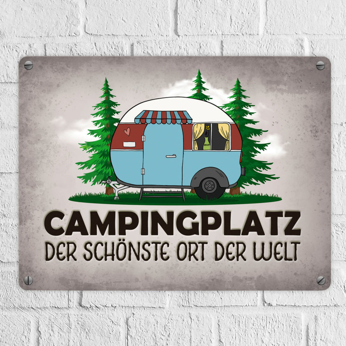 Campingplatz Metallschild mit Wohnwagen Motiv Wohnmobil Urlaub Hobby Natur Ort