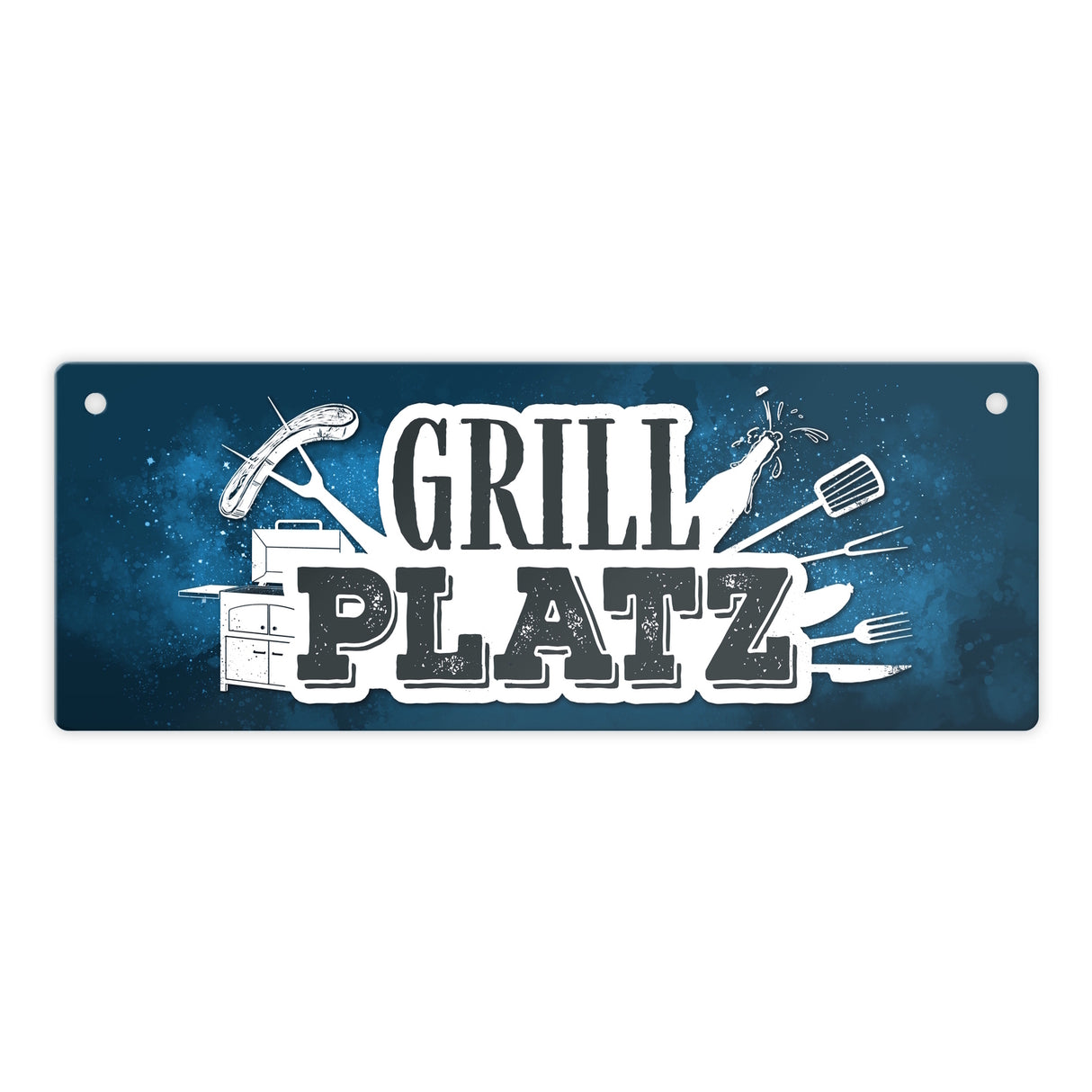 Grillplatz Metallschild Fleisch Wurst grillen Grill Bier Hobby Besteck Grillzange Freunde