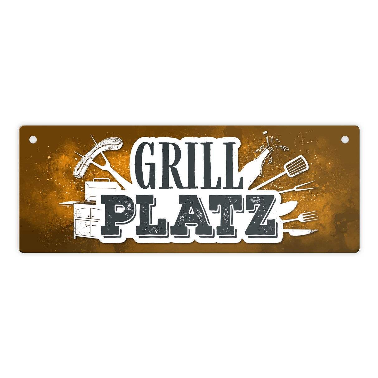 Grillplatz Metallschild Fleisch Wurst grillen Grill Bier Hobby Besteck Grillzange Freunde