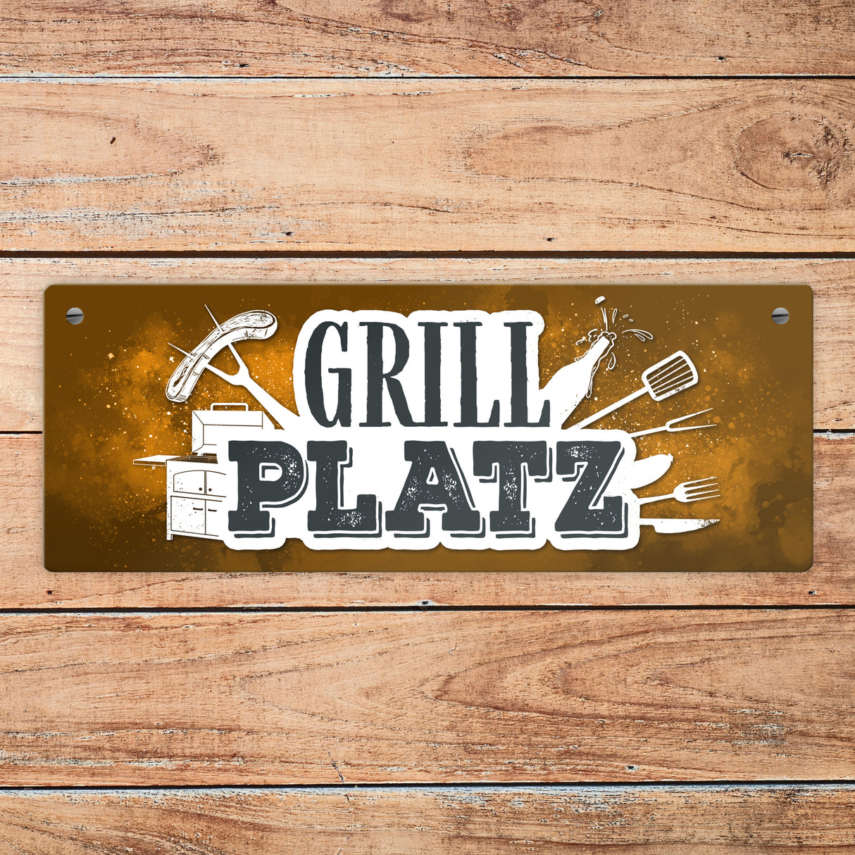 Grillplatz Metallschild Fleisch Wurst grillen Grill Bier Hobby Besteck Grillzange Freunde