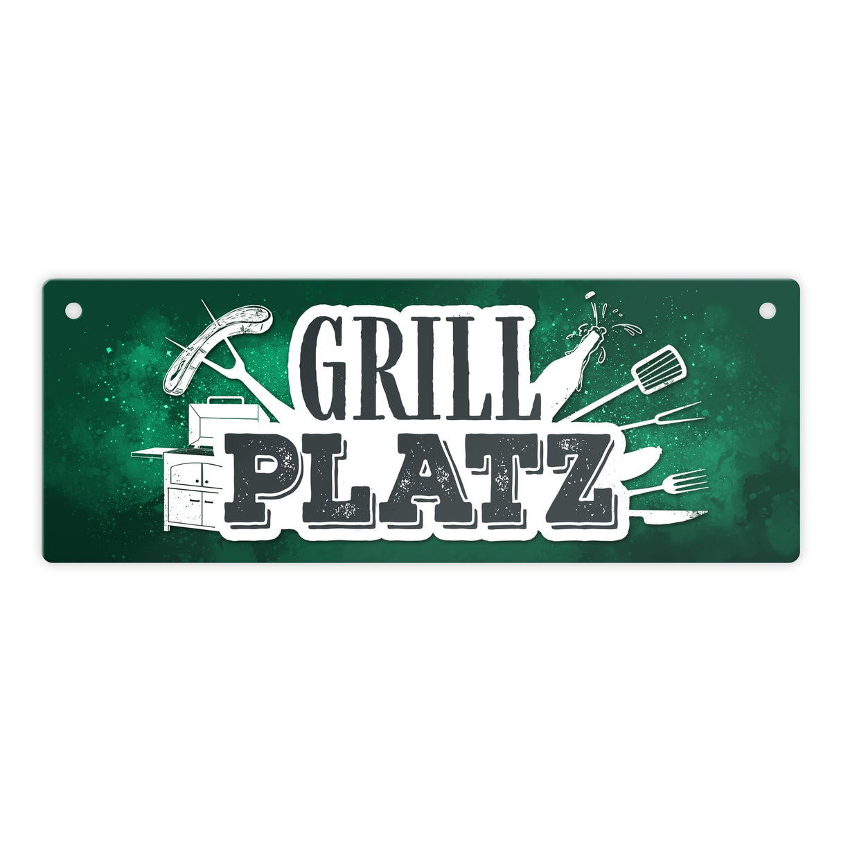 Grillplatz Metallschild Fleisch Wurst grillen Grill Bier Hobby Besteck Grillzange Freunde