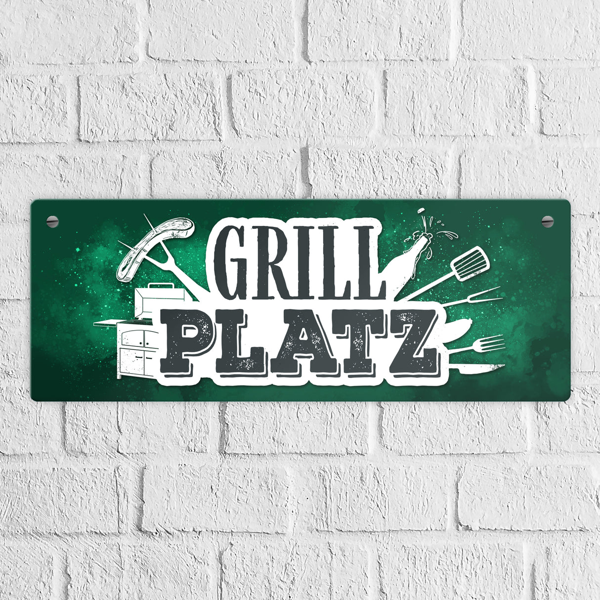 Grillplatz Metallschild Fleisch Wurst grillen Grill Bier Hobby Besteck Grillzange Freunde