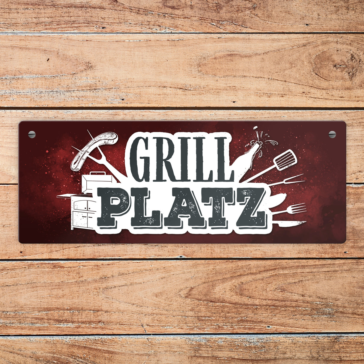 Grillplatz Metallschild Fleisch Wurst grillen Grill Bier Hobby Besteck Grillzange Freunde