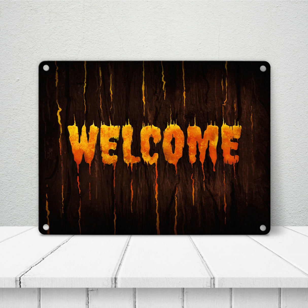 Welcome Metallschild in Holz Optik Halloween Teufel Hölle Kind Kinder Nacht