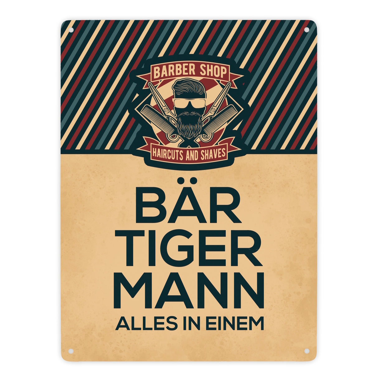 Bär-Tiger-Mann alles in einem Metallschild mit Barber-Shop Motiv