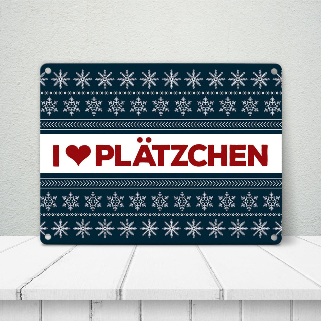 I love Plätzchen Metallschild mit Weihnachtsmuster Motiv - Weihnachten Herz Sterne Schnee Punkte Muster