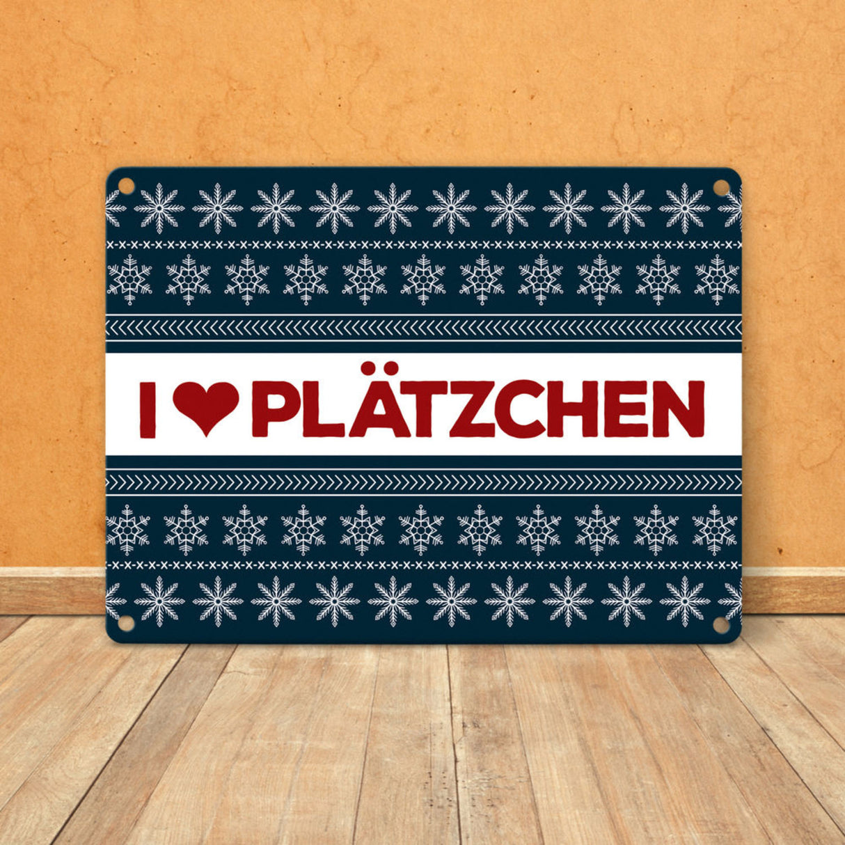 I love Plätzchen Metallschild mit Weihnachtsmuster Motiv - Weihnachten Herz Sterne Schnee Punkte Muster