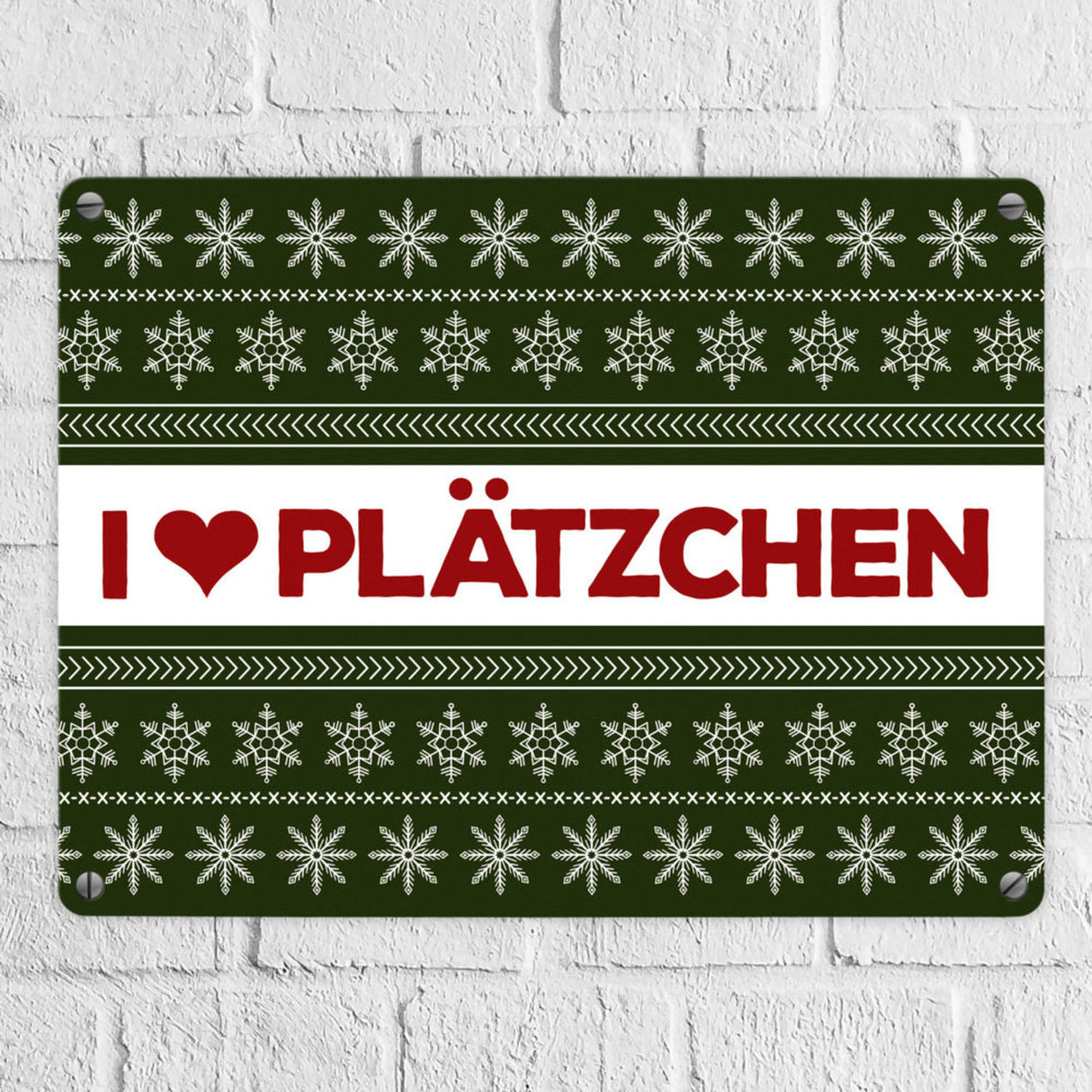 I love Plätzchen Metallschild mit Weihnachtsmuster Motiv - Weihnachten Herz Sterne Schnee Punkte Muster
