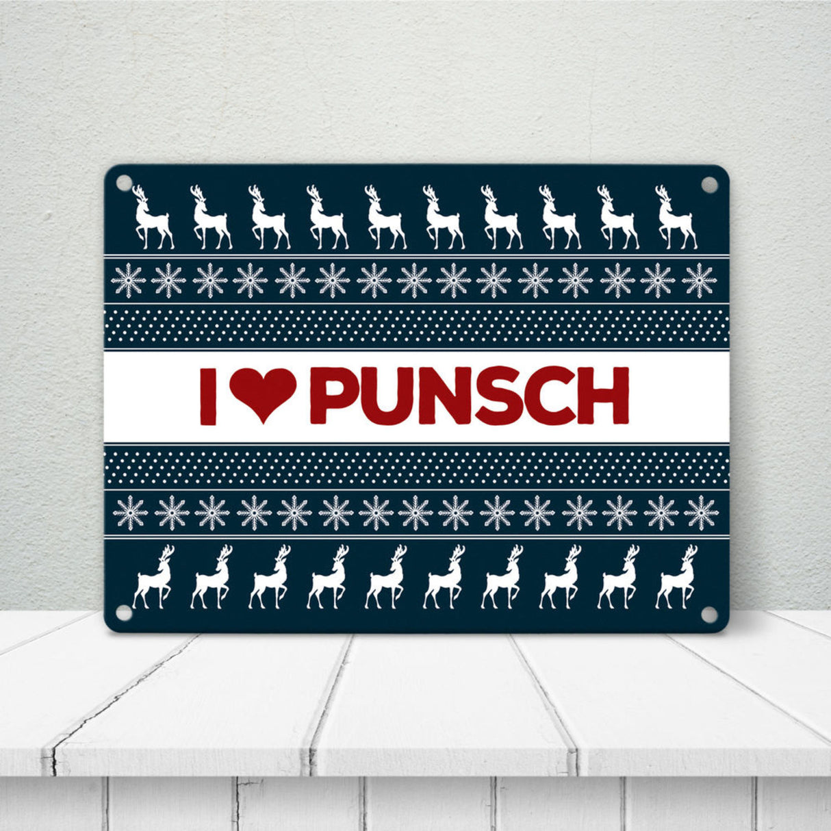 I love Punsch Metallschild mit Weihnachtsmuster Motiv - Weihnachten Herz Rentier Sterne Schnee Punkte Muster