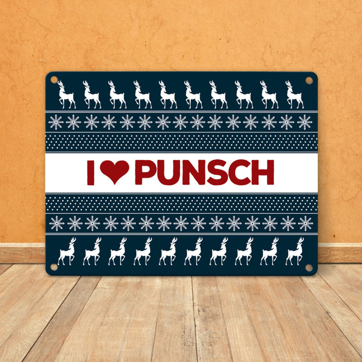 I love Punsch Metallschild mit Weihnachtsmuster Motiv - Weihnachten Herz Rentier Sterne Schnee Punkte Muster