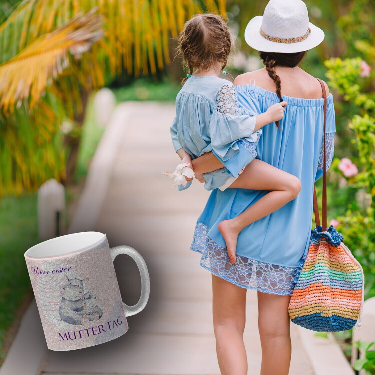 Nilpferd-Kaffeebecher zu ersten Muttertag mit Mama und Baby in rosa