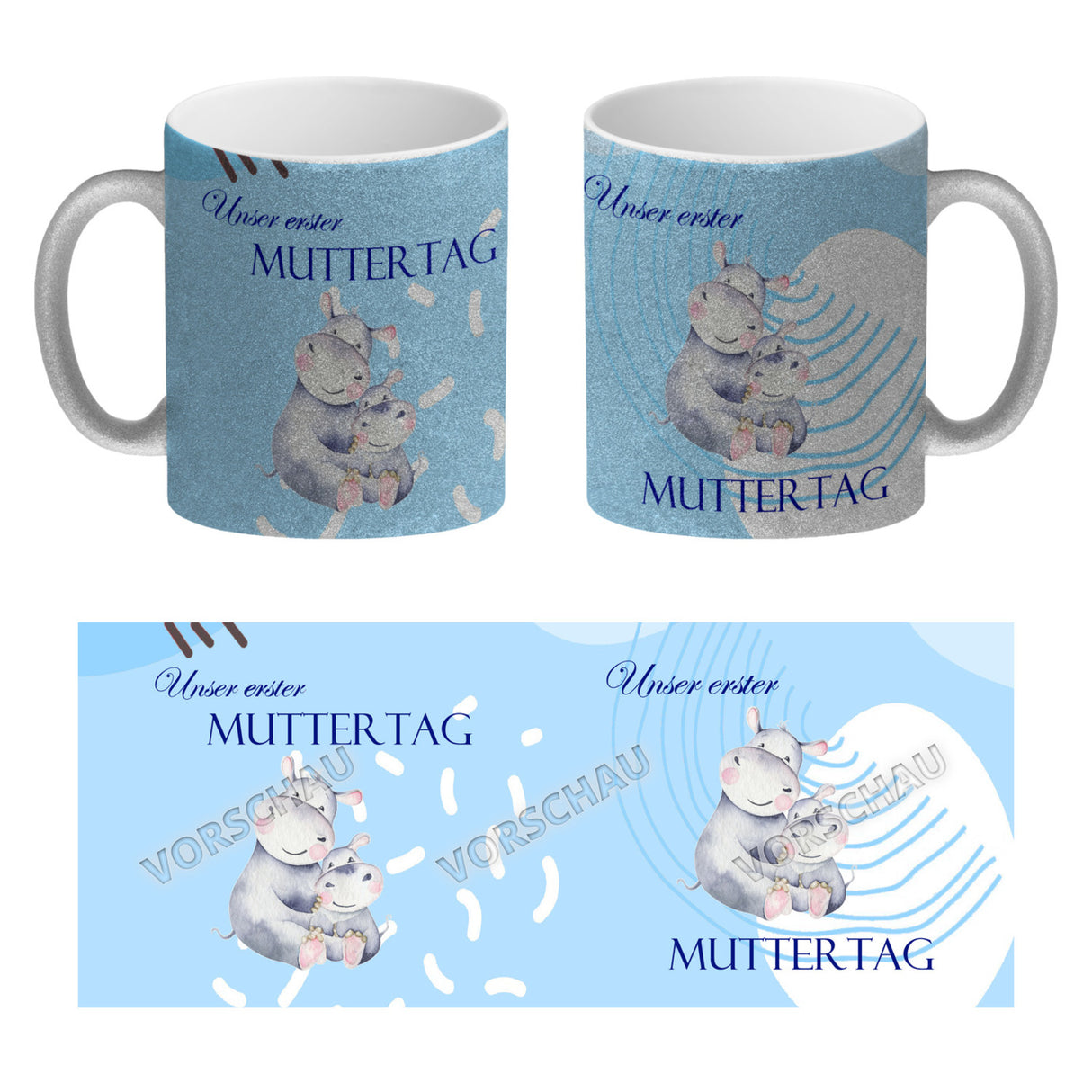 Nilpferd-Kaffeebecher zu ersten Muttertag mit Mama und Baby in rosa