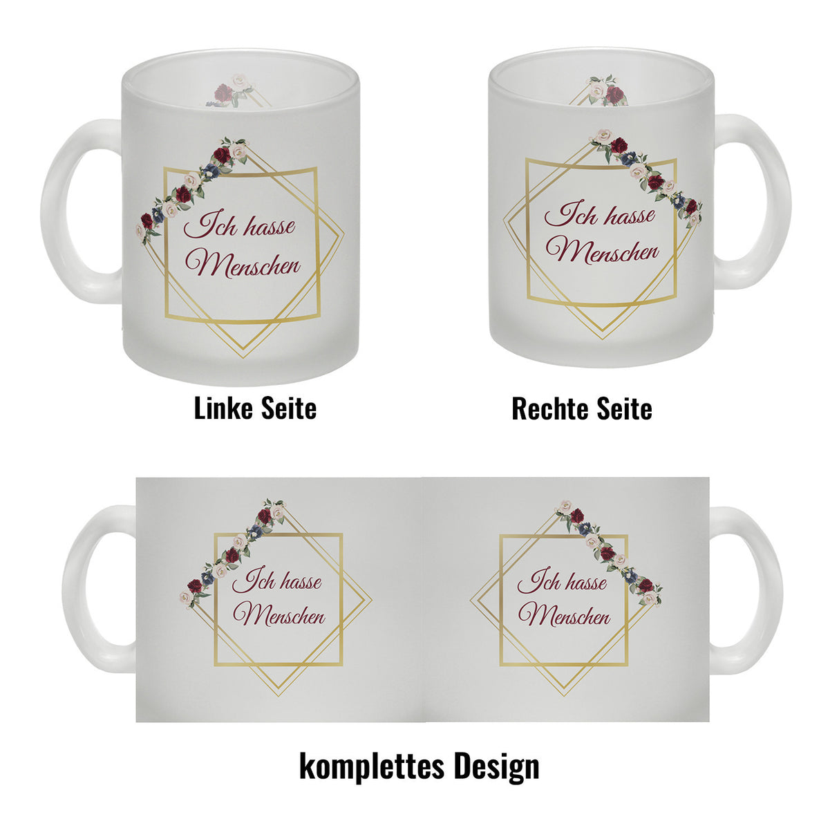 Ich hasse Menschen Kaffeetasse mit goldenem Rahmen und Blumen
