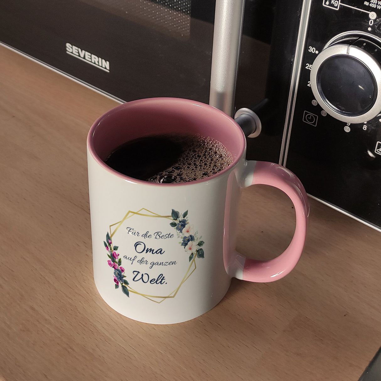Für die Beste Oma auf der ganzen Welt Kaffeebecher mit Goldrahmen und Blumen