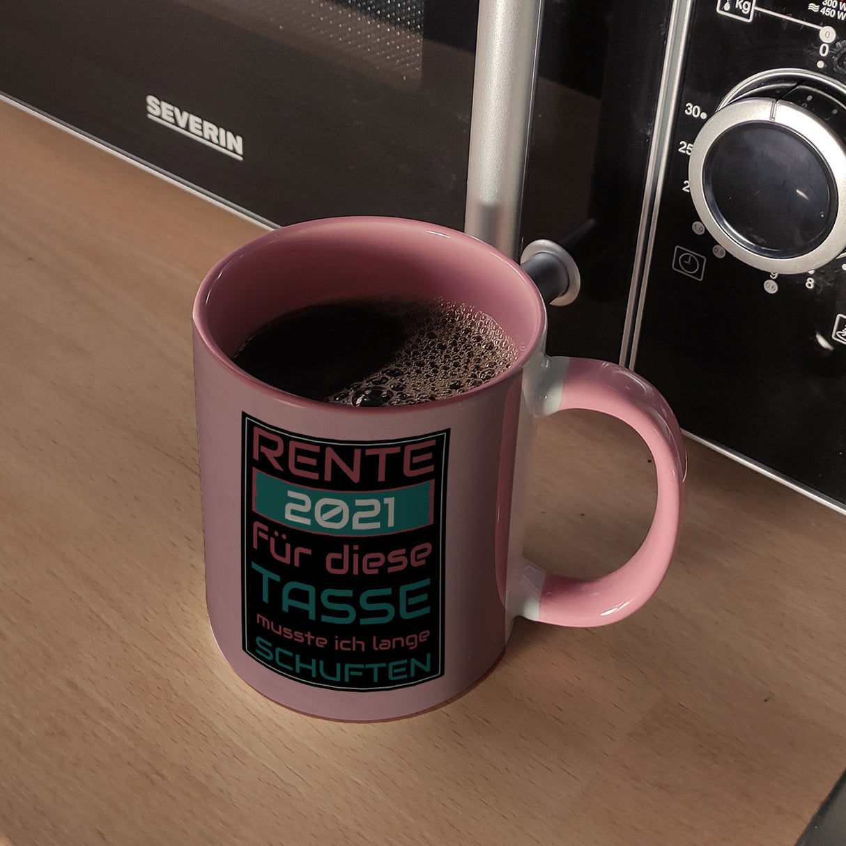 Rente Kaffeebecher - dafür musste ich lange arbeiten - Vintage Tasse bedruckt im retro Stil mit Rentner Spruch - spülmaschinenfest und mikrowellengeeignet bei 330ml Inhalt