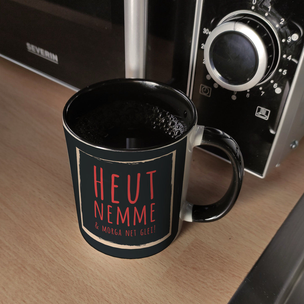 Kaffeebecher mit Spruch: Heut nemme & morga net glei! Schwäbisch Schwaben Dialekt Mundart