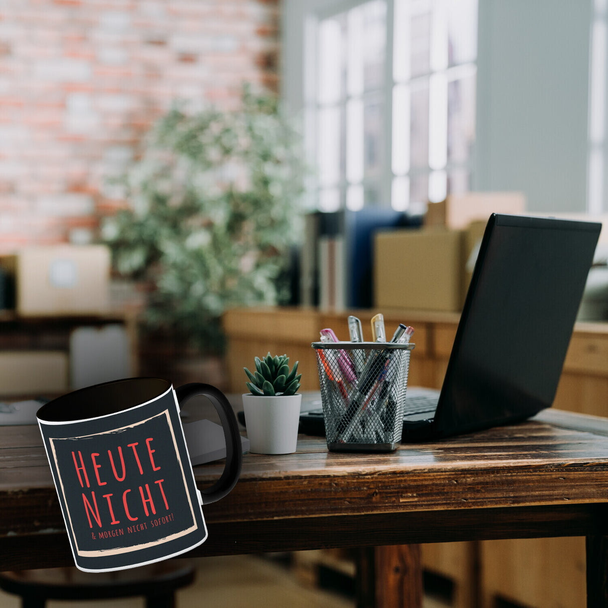 Kaffeebecher mit Spruch: Heute nicht & morgen nicht sofort! Spruchtasse fürs Büro