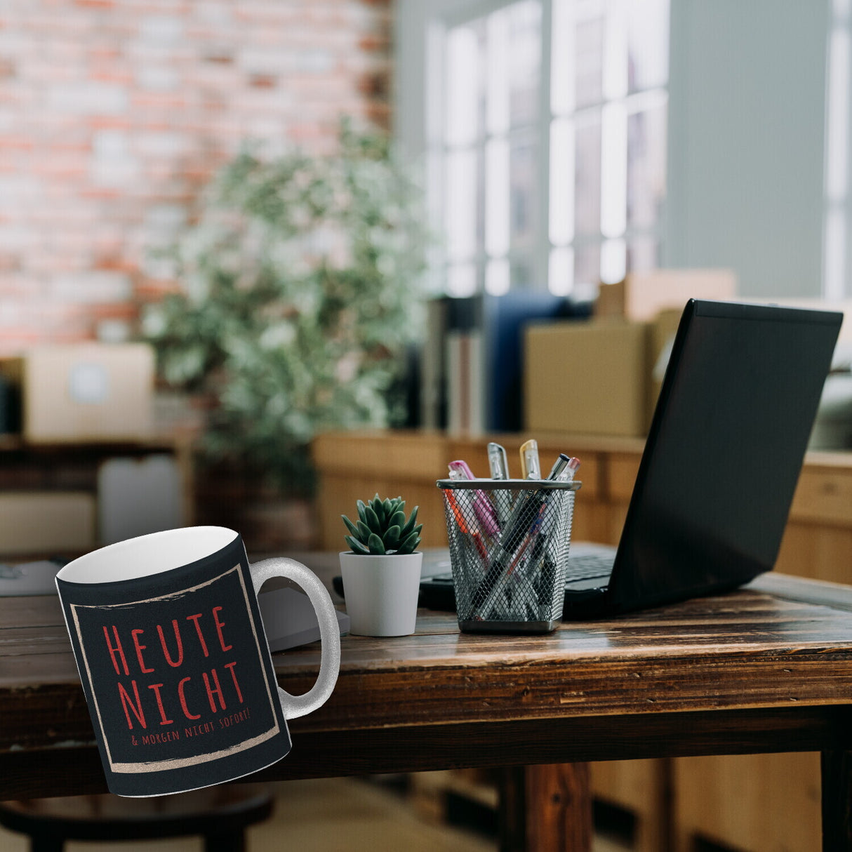 Kaffeebecher mit Spruch: Heute nicht & morgen nicht sofort! Spruchtasse fürs Büro