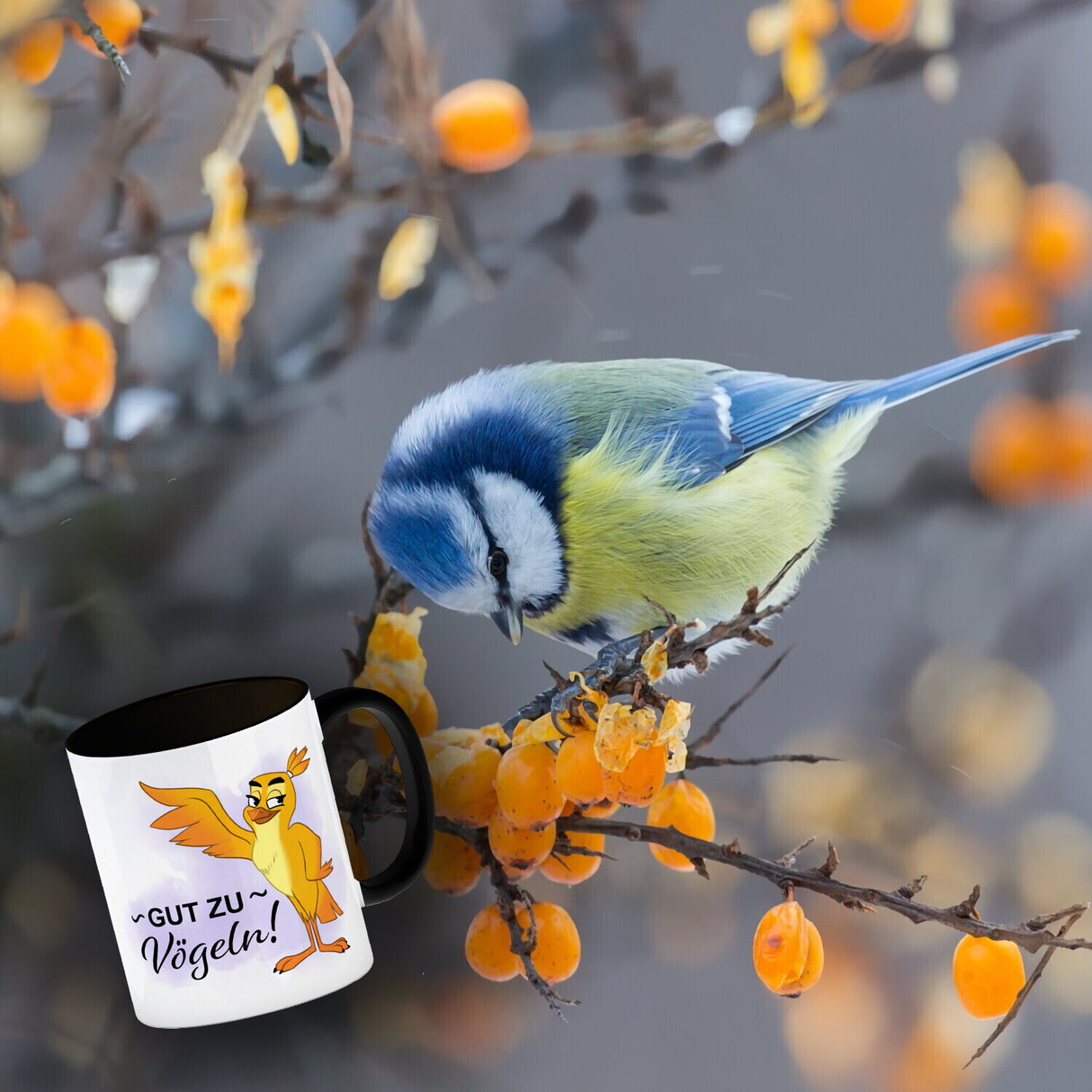 Gut zu Vögeln Kaffeebecher mit lustigem Vögelchen und Spruch