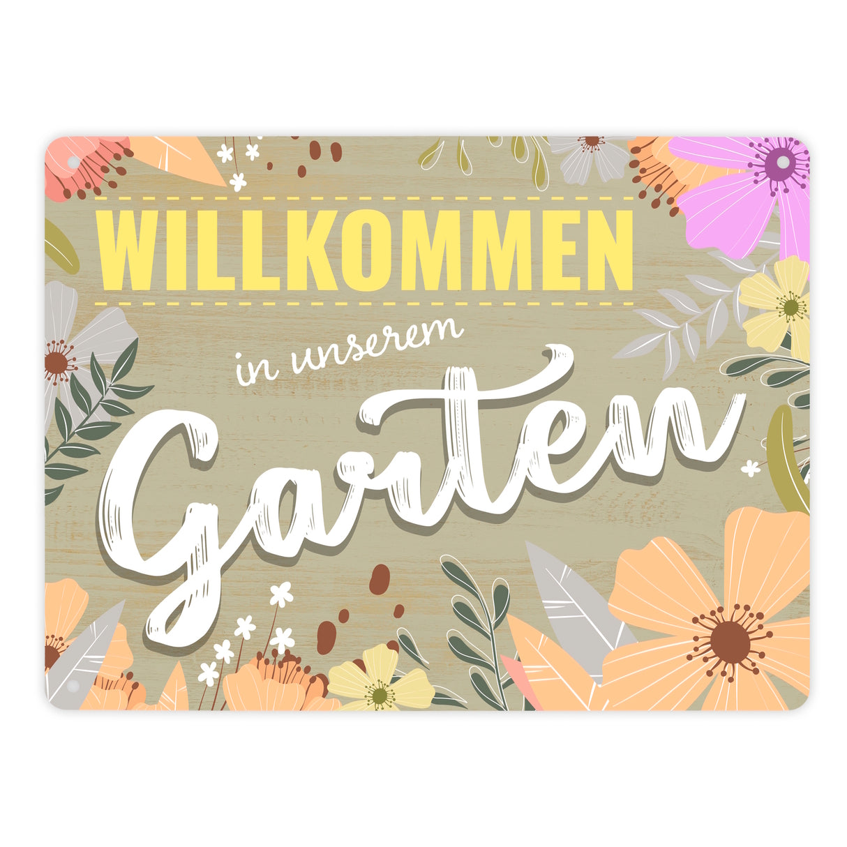 Willkommen in unserem Garten Metallschild mit Blumenmustern