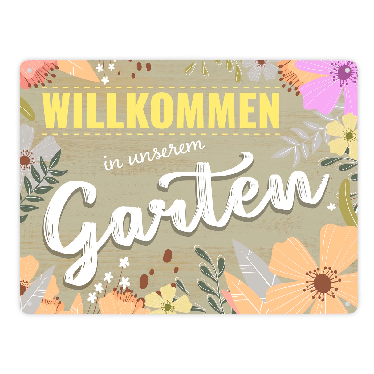 Willkommen in unserem Garten Metallschild mit Blumenmustern