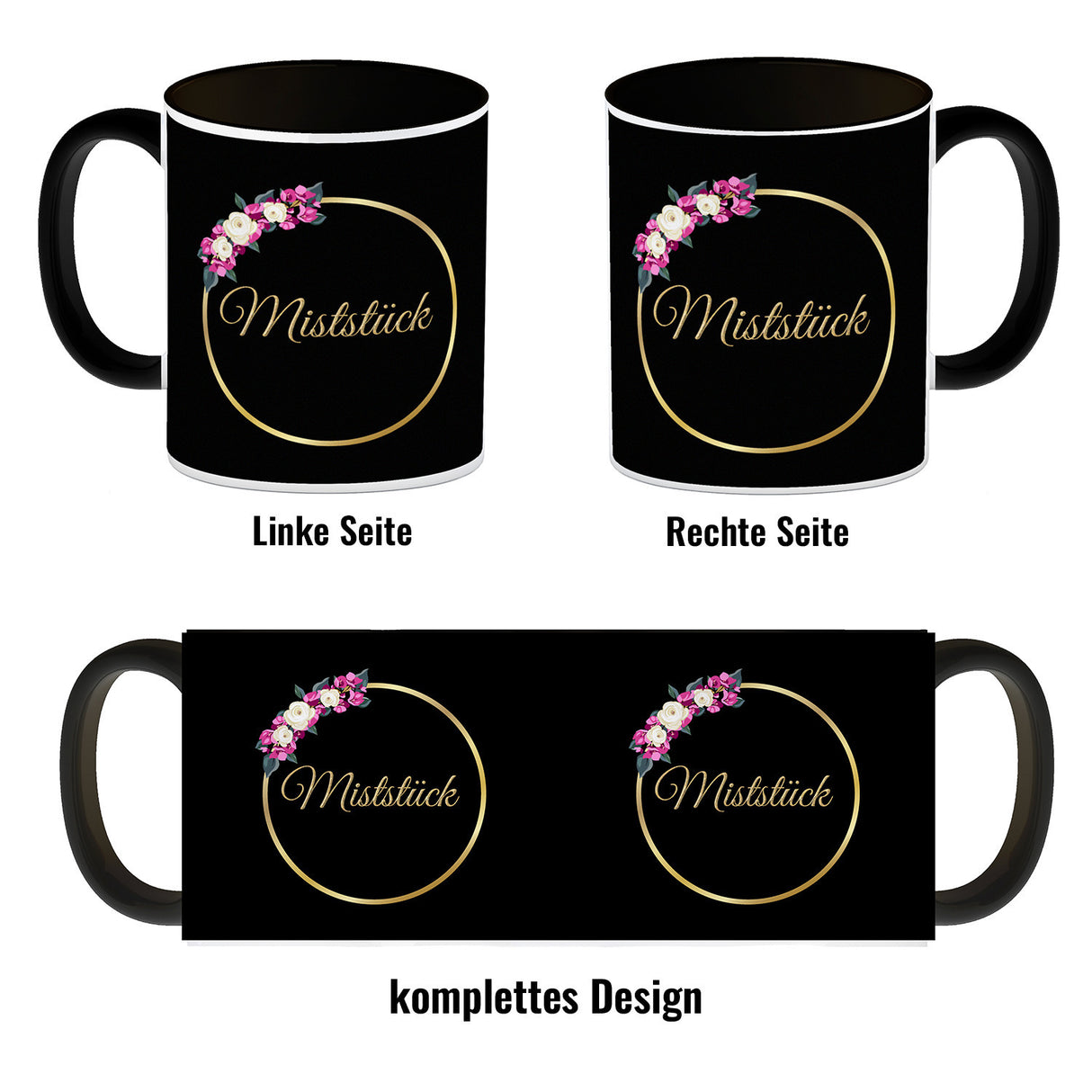 Kaffeebecher Miststück mit Goldrahmen und Blumen Schimpfwort-Tasse