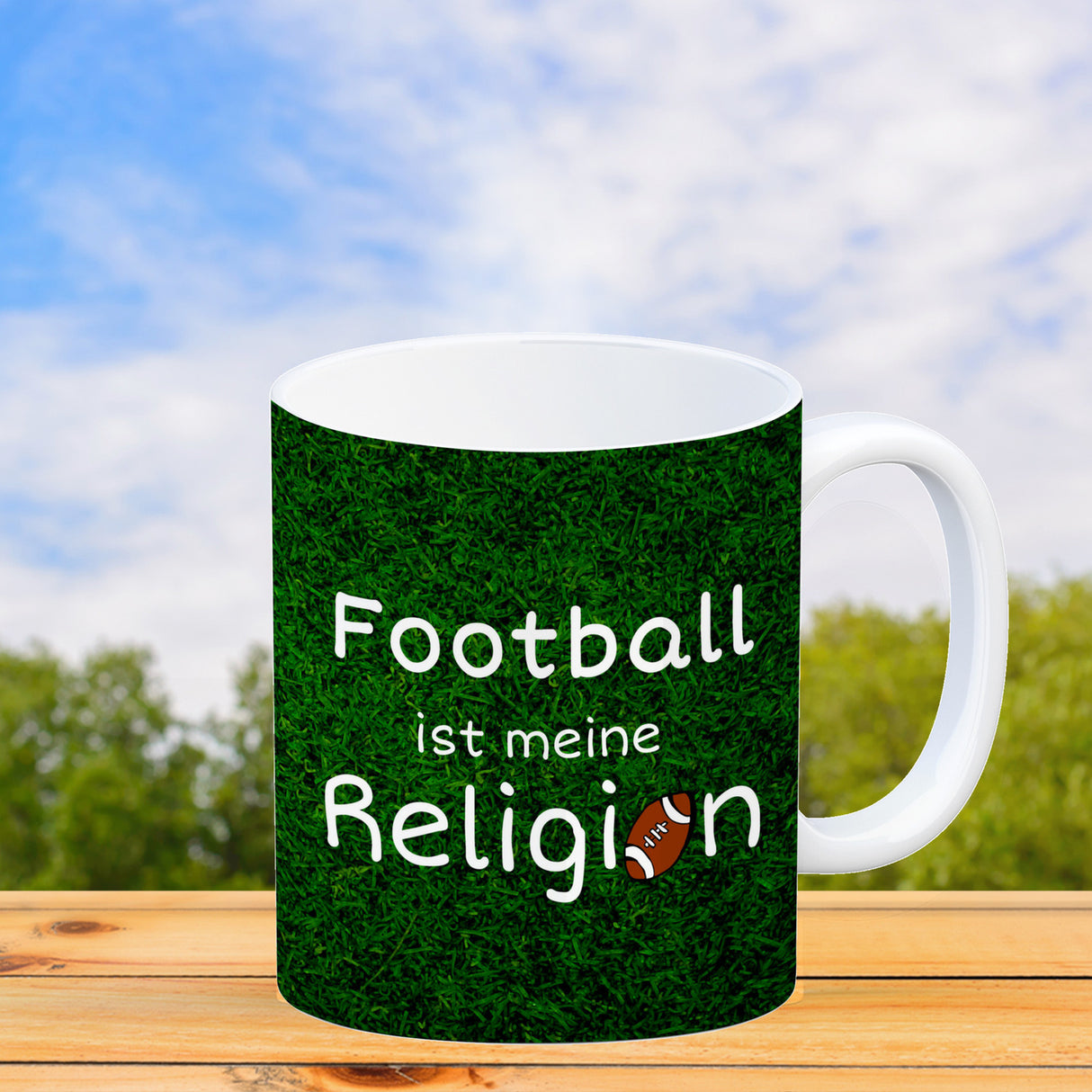 Fussball ist meine Religion Kaffeebecher mit Fussballmotiv