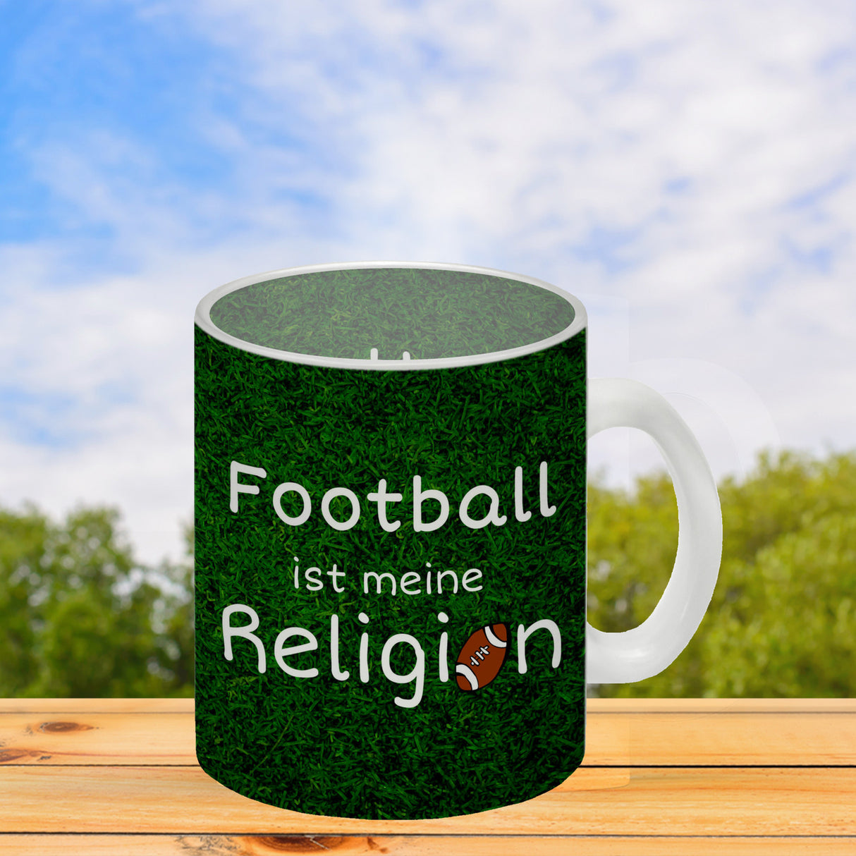 Fussball ist meine Religion Kaffeebecher mit Fussballmotiv