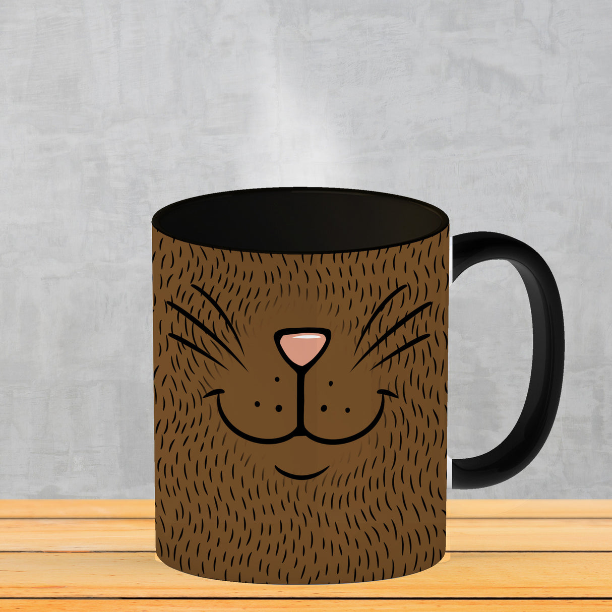 Katzengesicht Kaffeebecher mit süßem Lächeln einer Katze