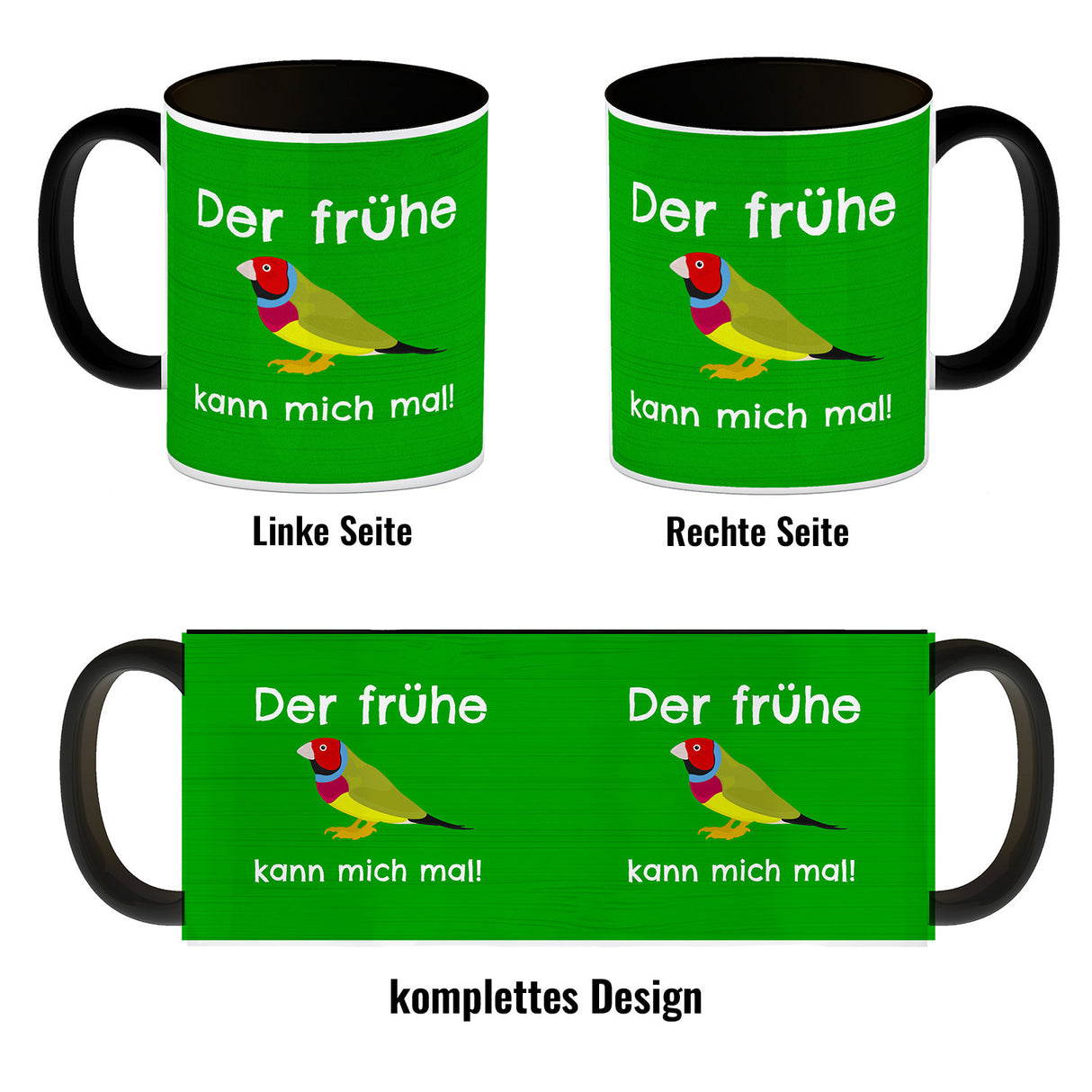 Kaffeebecher mit Bild und Spruch Der frühe Vogel kann mich mal!