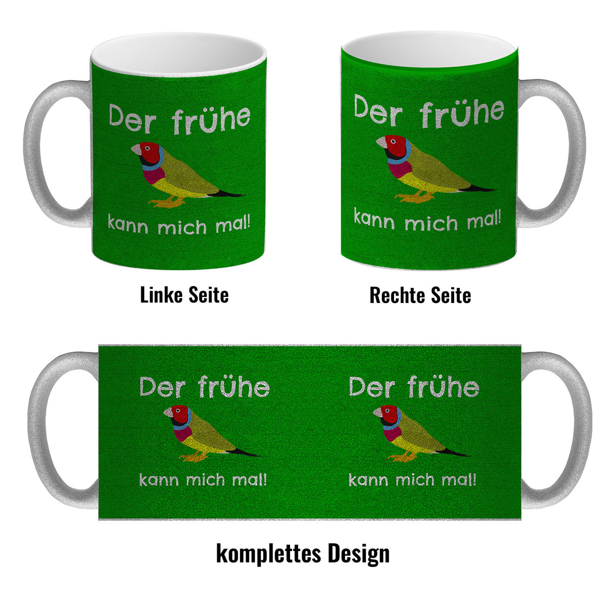 Kaffeebecher mit Bild und Spruch Der frühe Vogel kann mich mal!