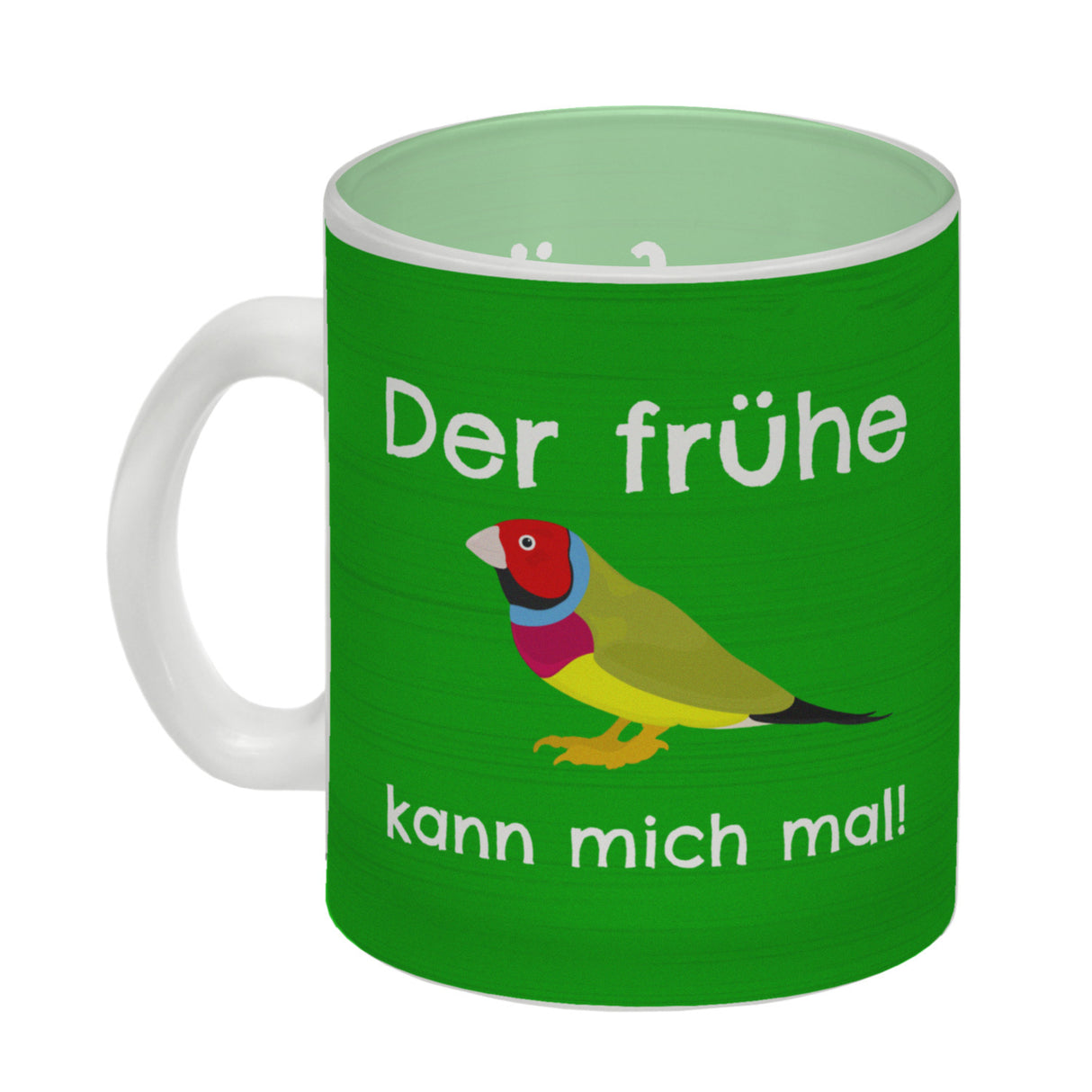 Kaffeebecher mit Bild und Spruch Der frühe Vogel kann mich mal!