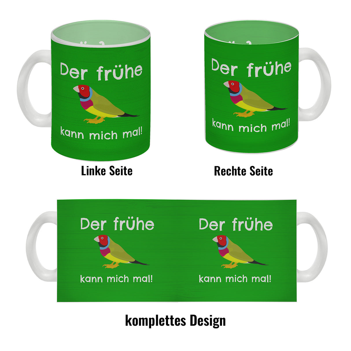 Kaffeebecher mit Bild und Spruch Der frühe Vogel kann mich mal!