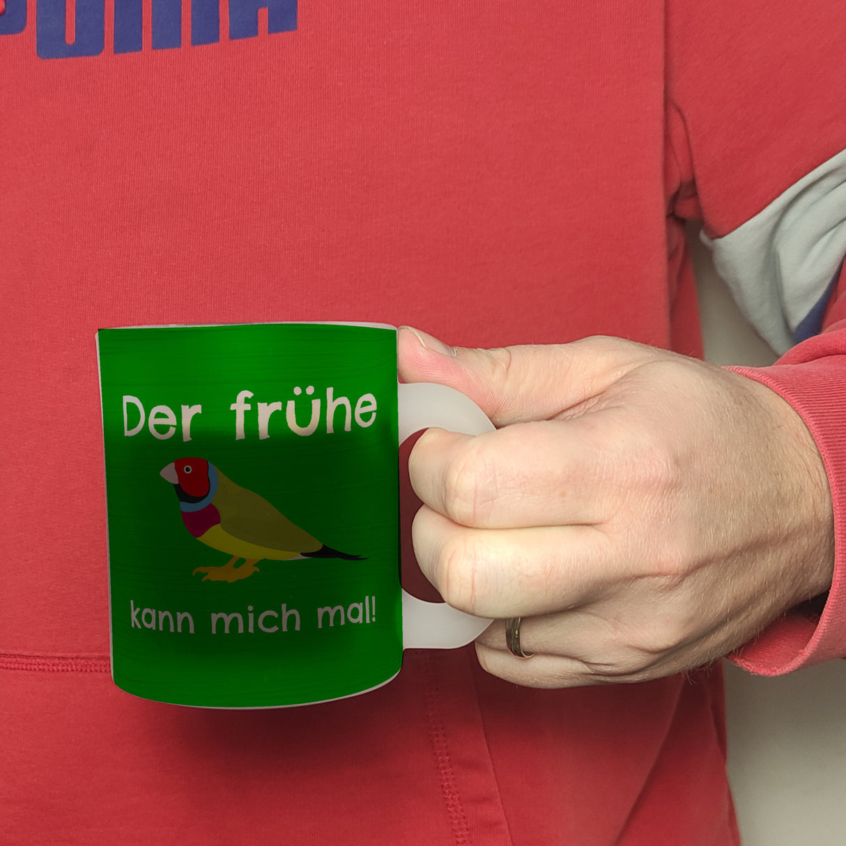 Kaffeebecher mit Bild und Spruch Der frühe Vogel kann mich mal!