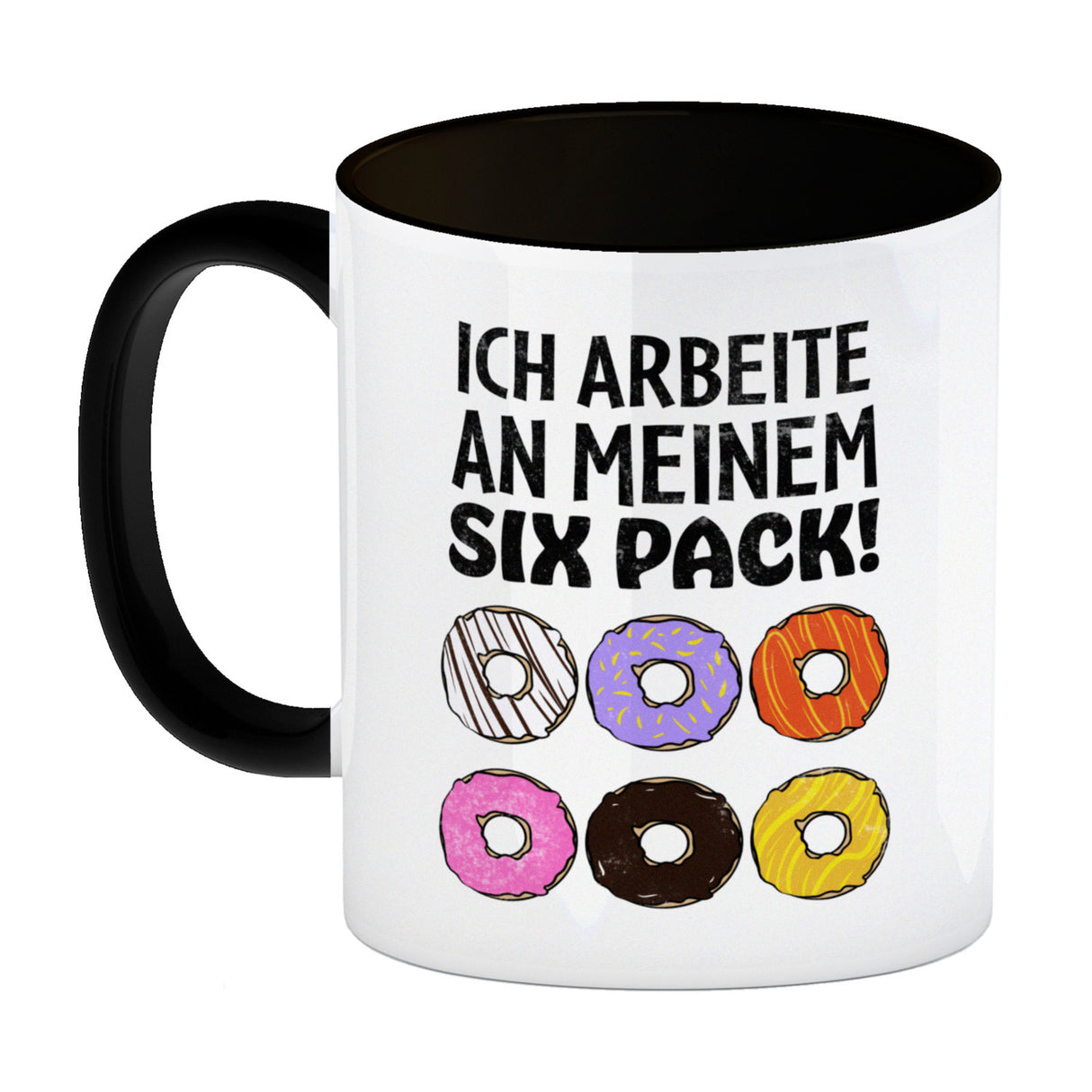 Ich arbeite an meinem Six Pack Kaffeebecher mit bunten Donuts