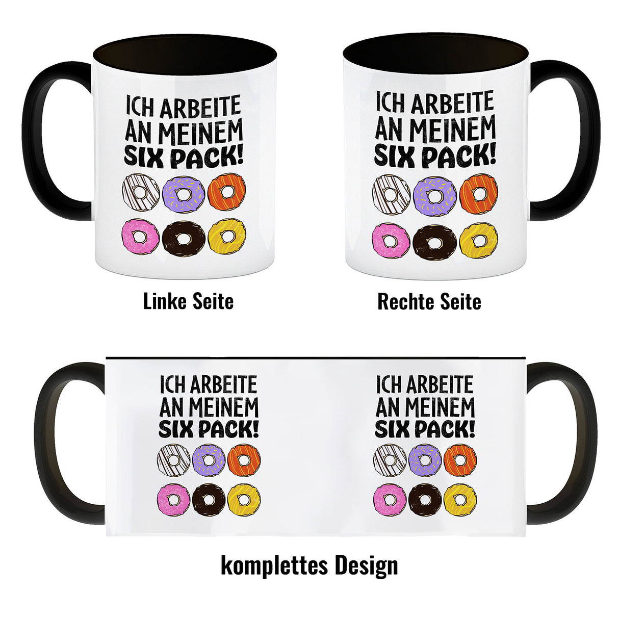 Ich arbeite an meinem Six Pack Kaffeebecher mit bunten Donuts