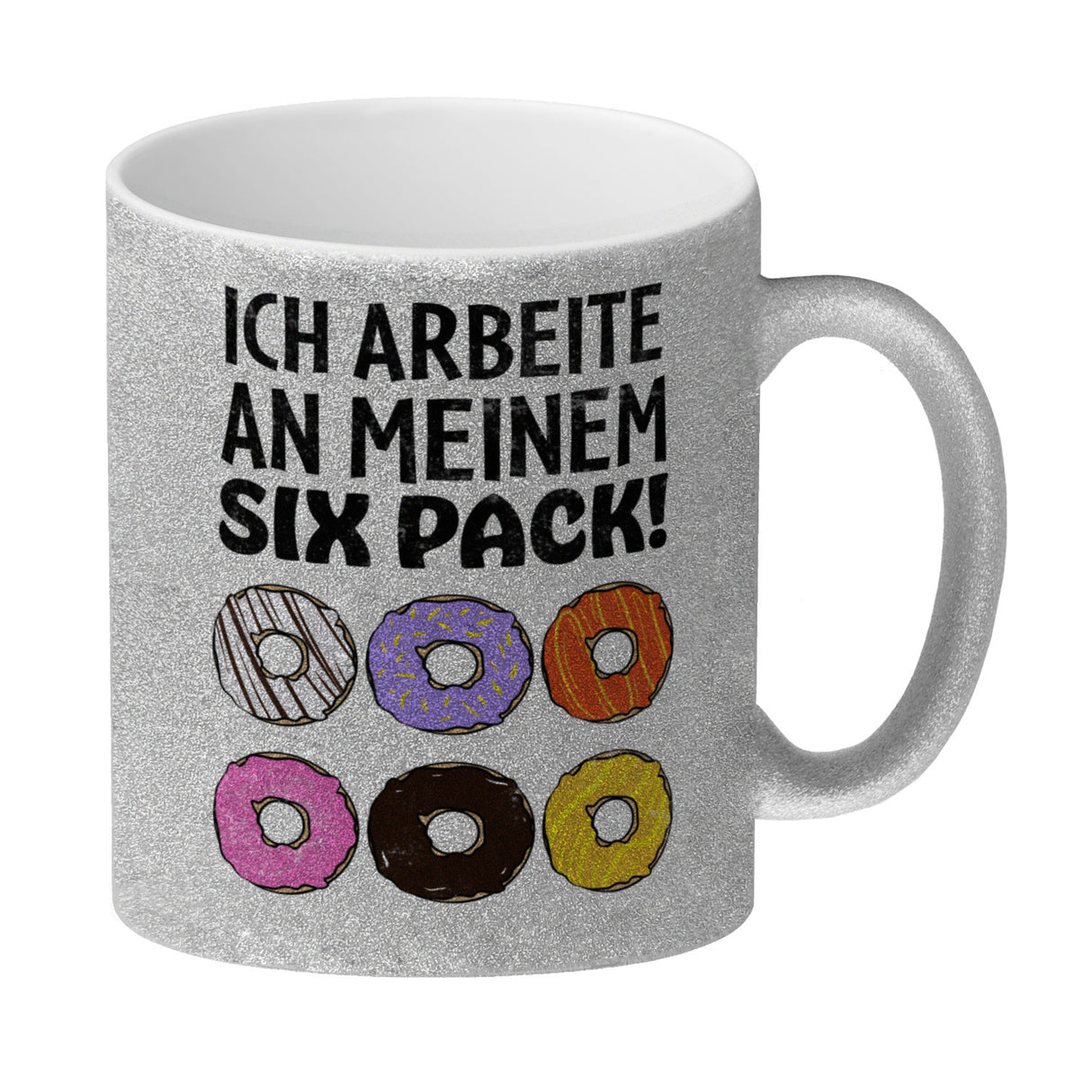 Ich arbeite an meinem Six Pack Kaffeebecher mit bunten Donuts