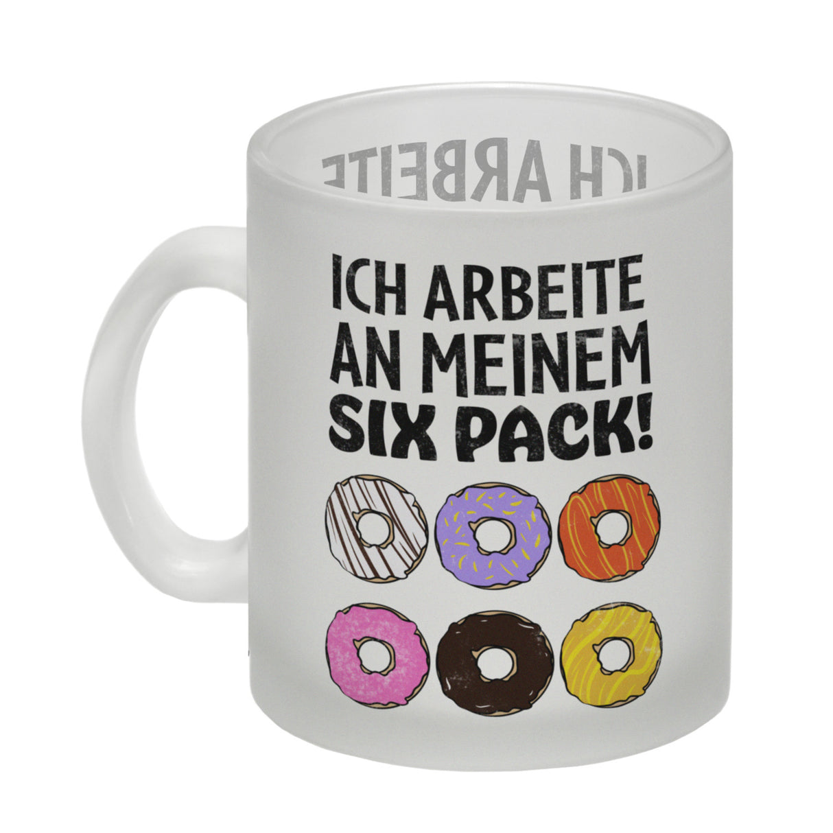 Ich arbeite an meinem Six Pack Kaffeebecher mit bunten Donuts