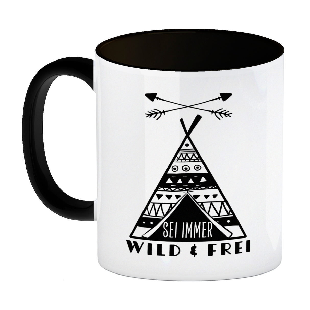 Sei immer wild & frei Kaffeebecher mit Zelt Motiv