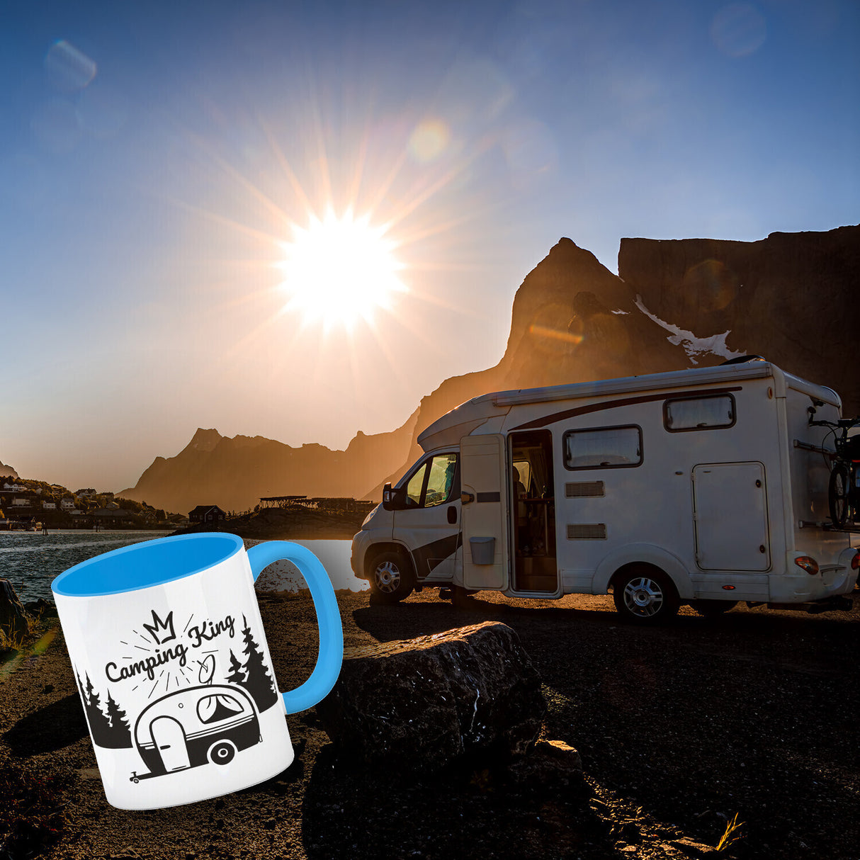 Camping King Kaffeebecher mit wunderschönen Reisemotiven
