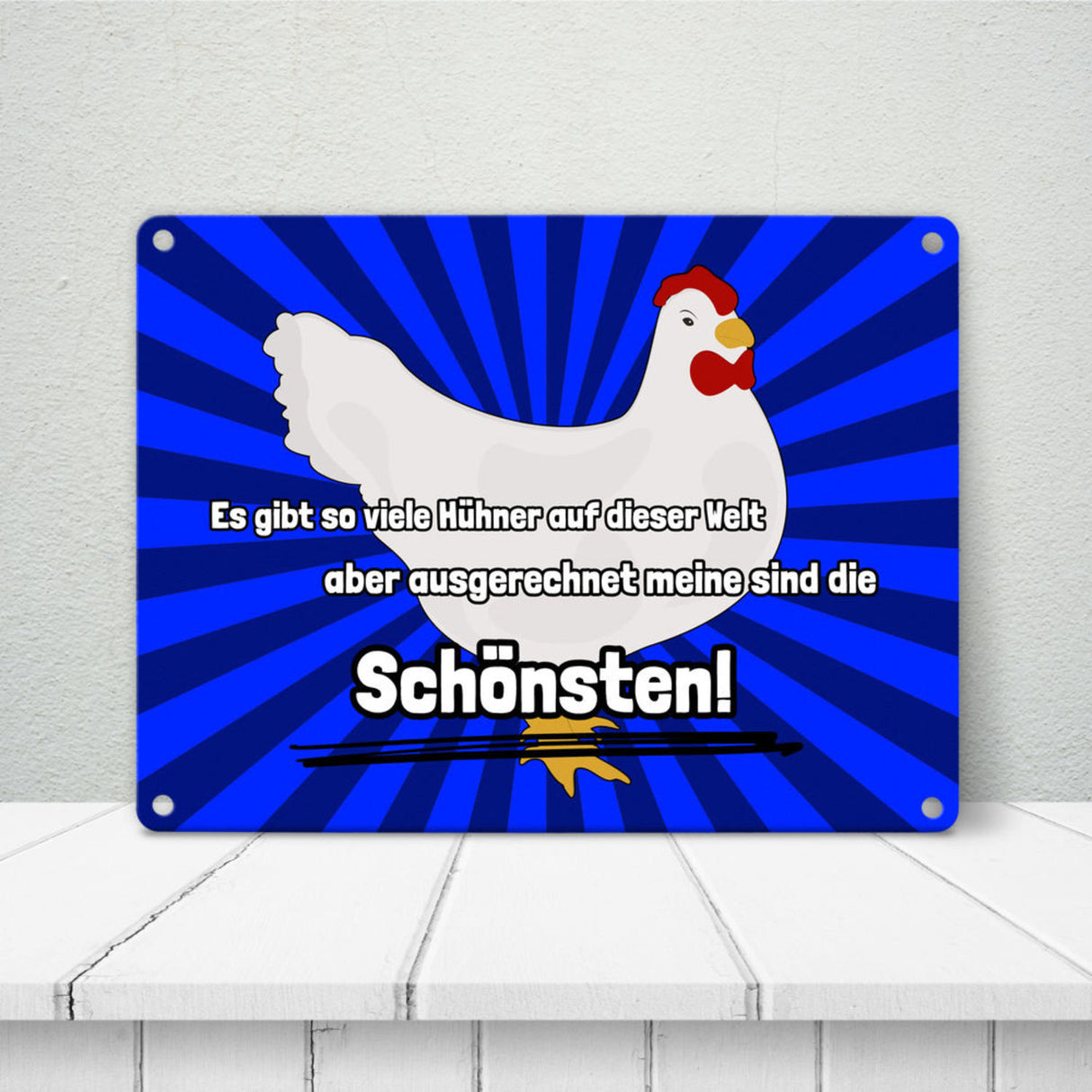 Metallschild in 15x20 cm Schönste Hühner der Welt mit Hintergrund in Vignettenoptik
