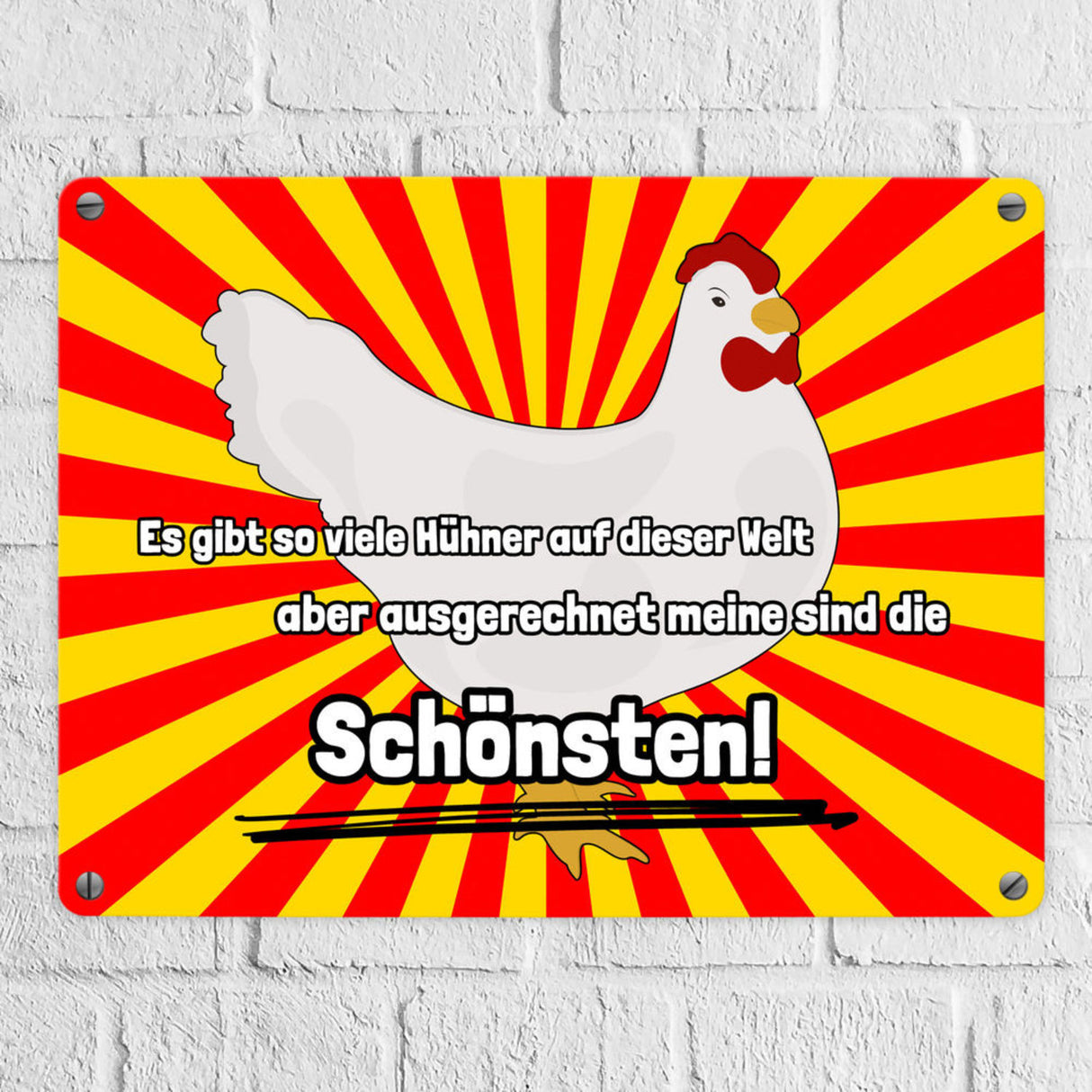 Metallschild in 15x20 cm Schönste Hühner der Welt mit Hintergrund in Vignettenoptik