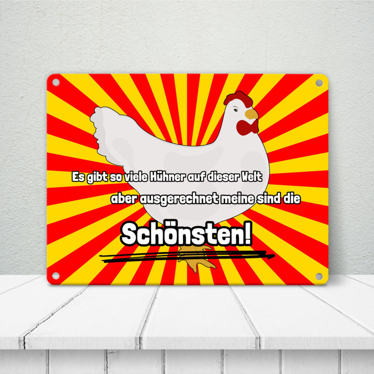 Metallschild in 15x20 cm Schönste Hühner der Welt mit Hintergrund in Vignettenoptik