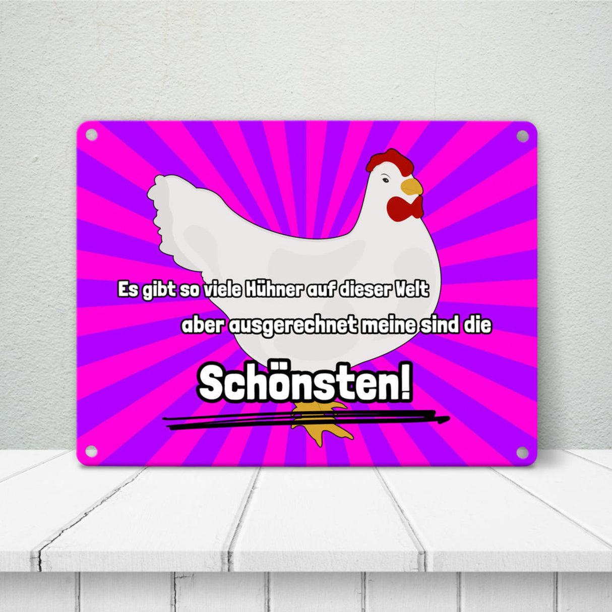 Metallschild in 15x20 cm Schönste Hühner der Welt mit Hintergrund in Vignettenoptik