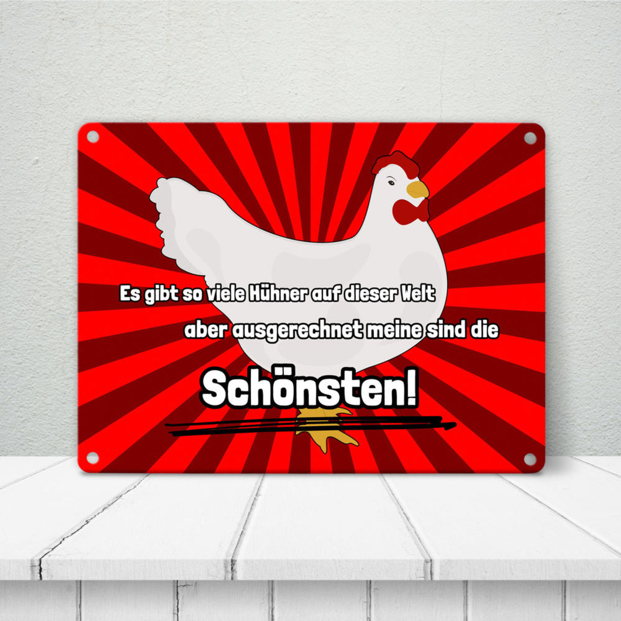 Metallschild in 15x20 cm Schönste Hühner der Welt mit Hintergrund in Vignettenoptik
