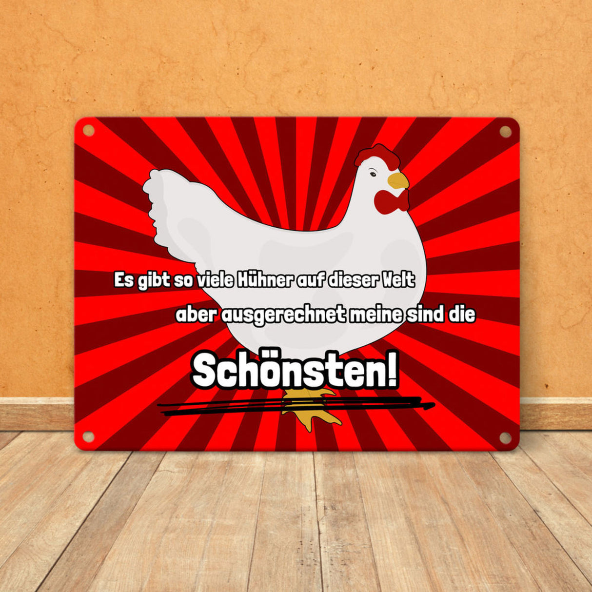 Metallschild in 15x20 cm Schönste Hühner der Welt mit Hintergrund in Vignettenoptik