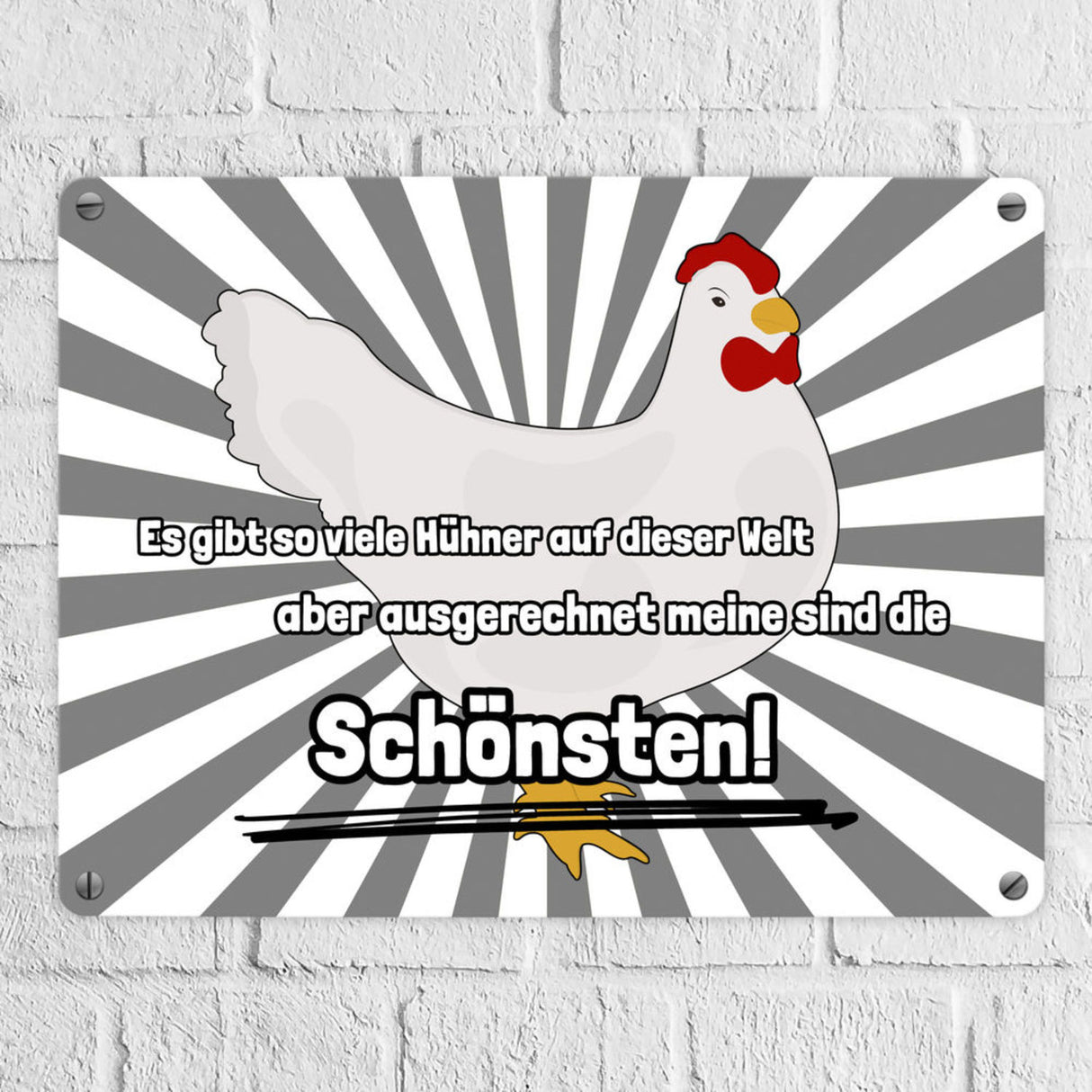 Metallschild in 15x20 cm Schönste Hühner der Welt mit Hintergrund in Vignettenoptik