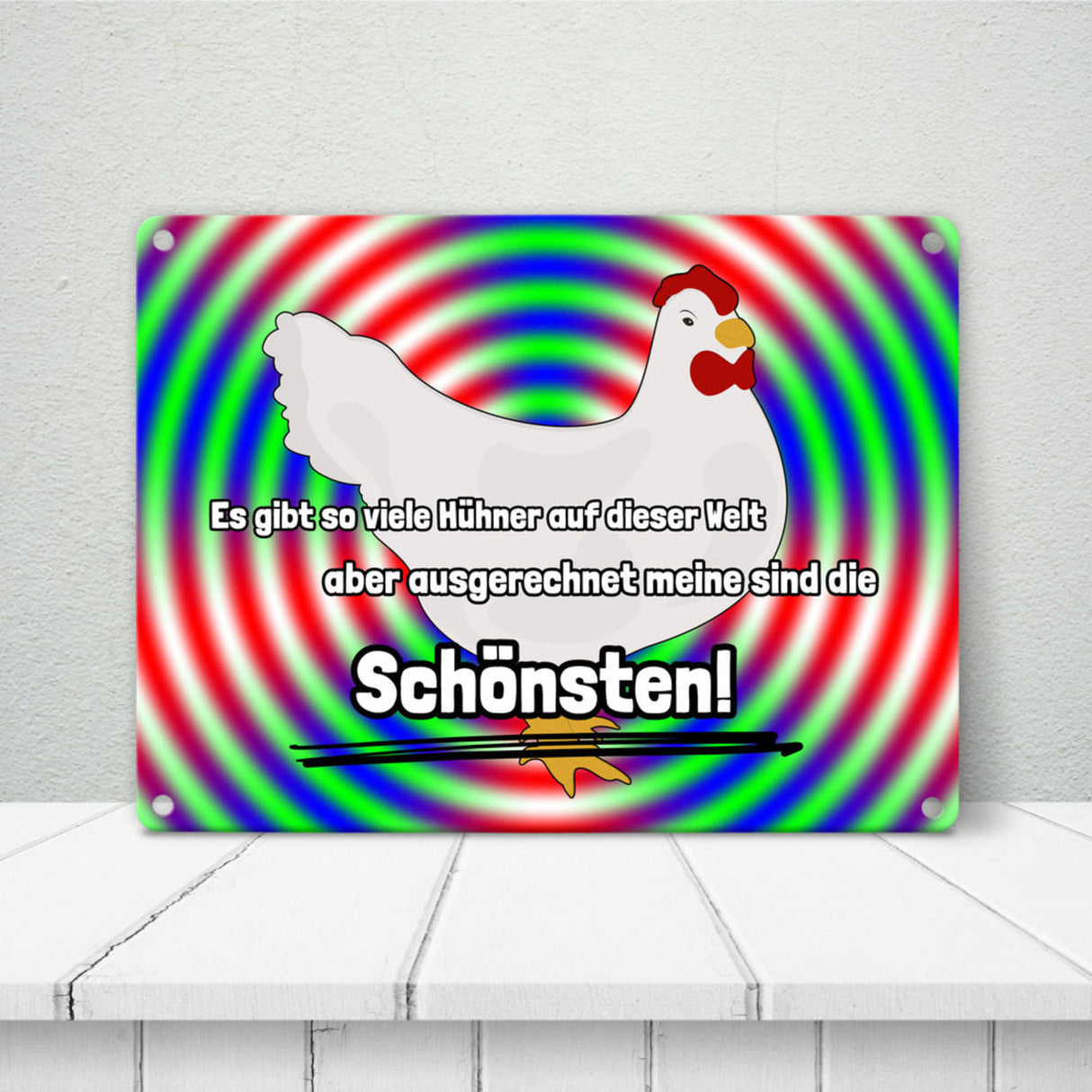 Metallschild in 15x20 cm Schönste Hühner der Welt mit Hintergrund in Vignettenoptik