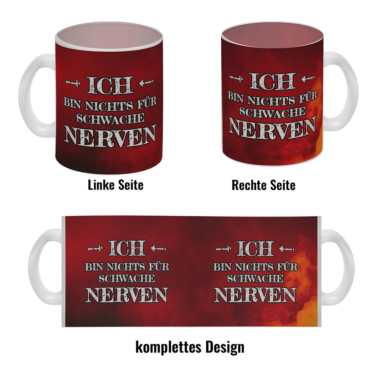 Ich bin nichts für schwache Nerven Kaffeebecher mit Flammenhintergrund