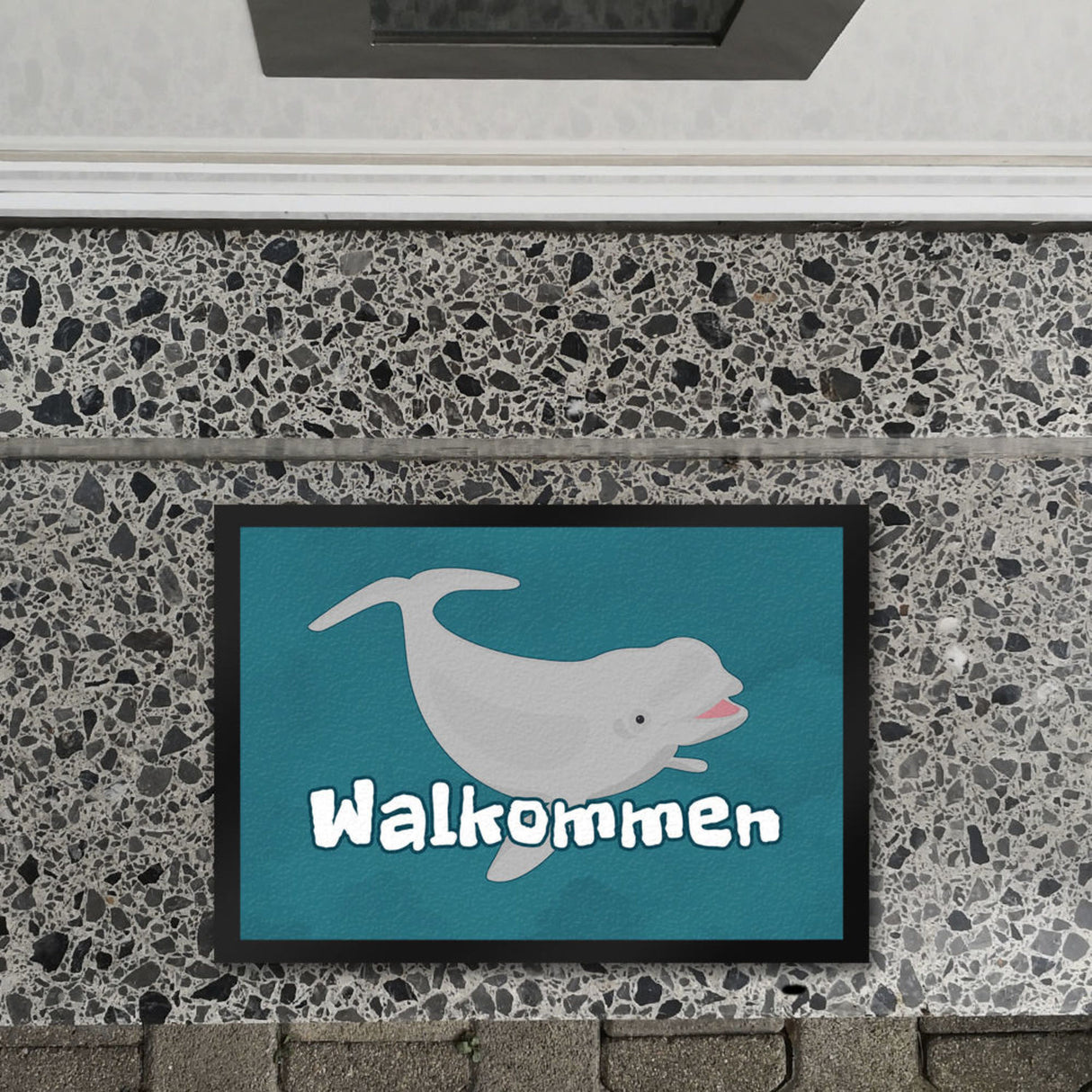 Blauwal Fußmatte in 35x50 cm mit Ozeanmotiv und Spruch Walkommen